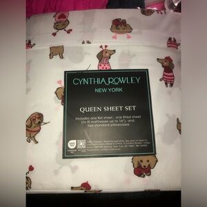 ❤️ Cynthia Rowley Queen Sheet Set with Brown and Pink Dog Print / dachshund
